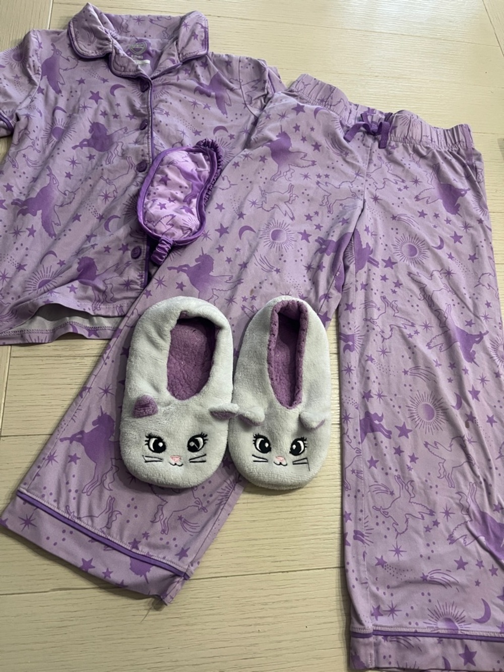 Girls purple unicorn pajamas, eye mask and kitty slippers